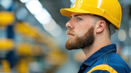Fototapeta premium Focused factory worker wearing uniform, standing in an industrial facility, highlighting safety and professionalism.