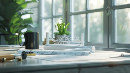 Architectural Model and Plans on a Desk