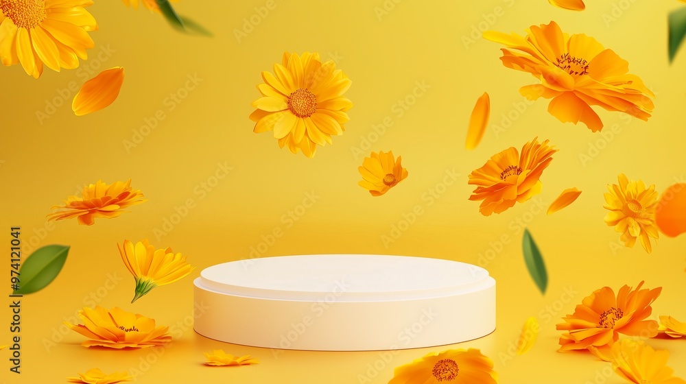 Poster a vector illustration of an empty podium 3d wrapped with floating marigold petals and calendula flow