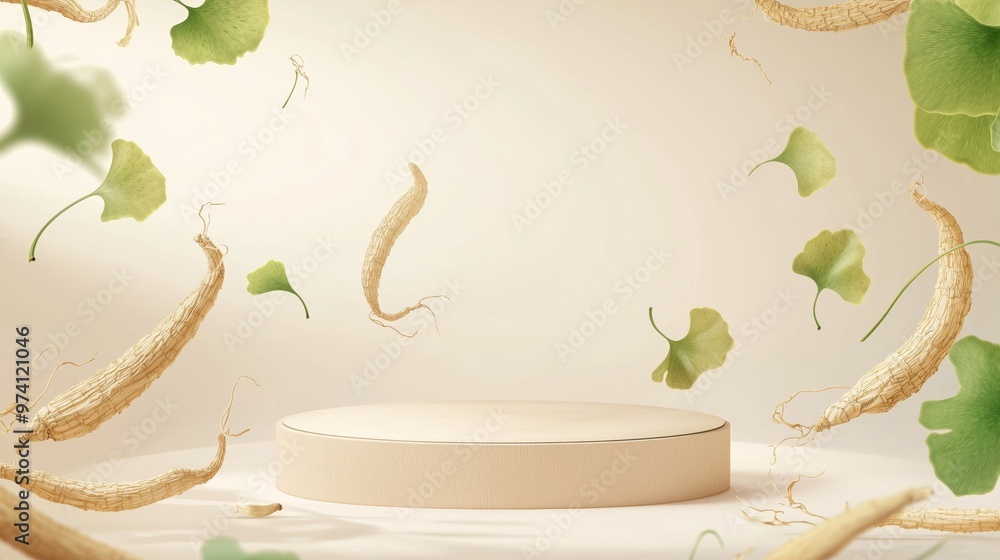 Poster a vector illustration of an empty podium 3d framed with spirals of ginseng roots and ginkgo leaves, 
