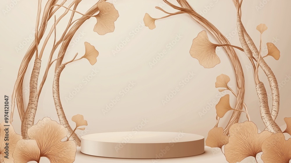 Poster a vector illustration of an empty podium 3d framed with spirals of ginseng roots and ginkgo leaves, 