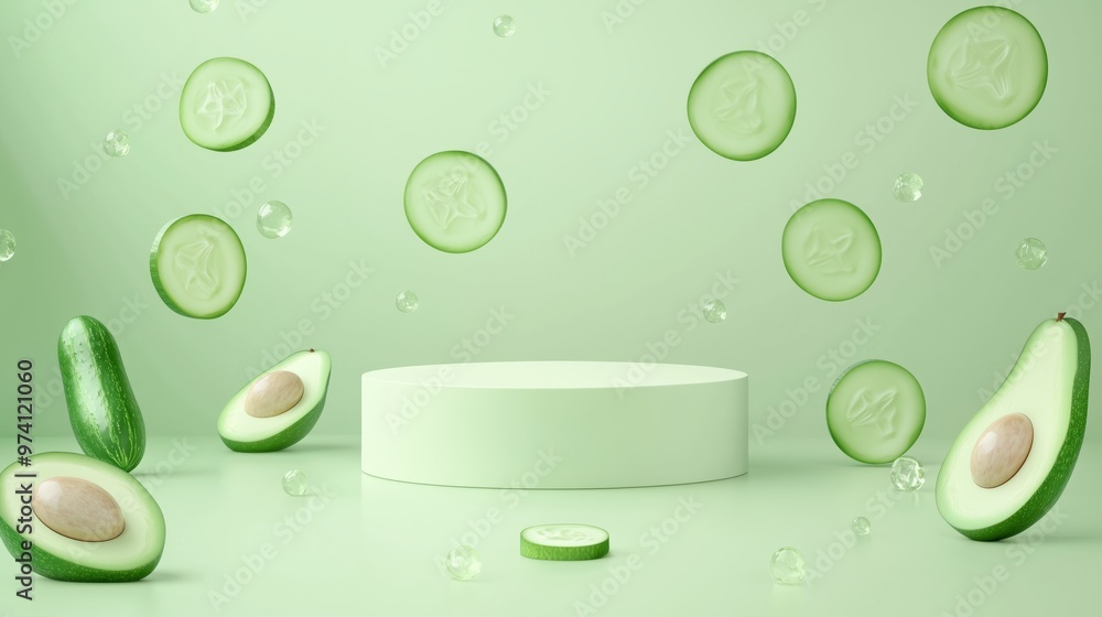 Poster a vector illustration of an empty podium 3d surrounded by fresh cucumber slices and avocado halves, 