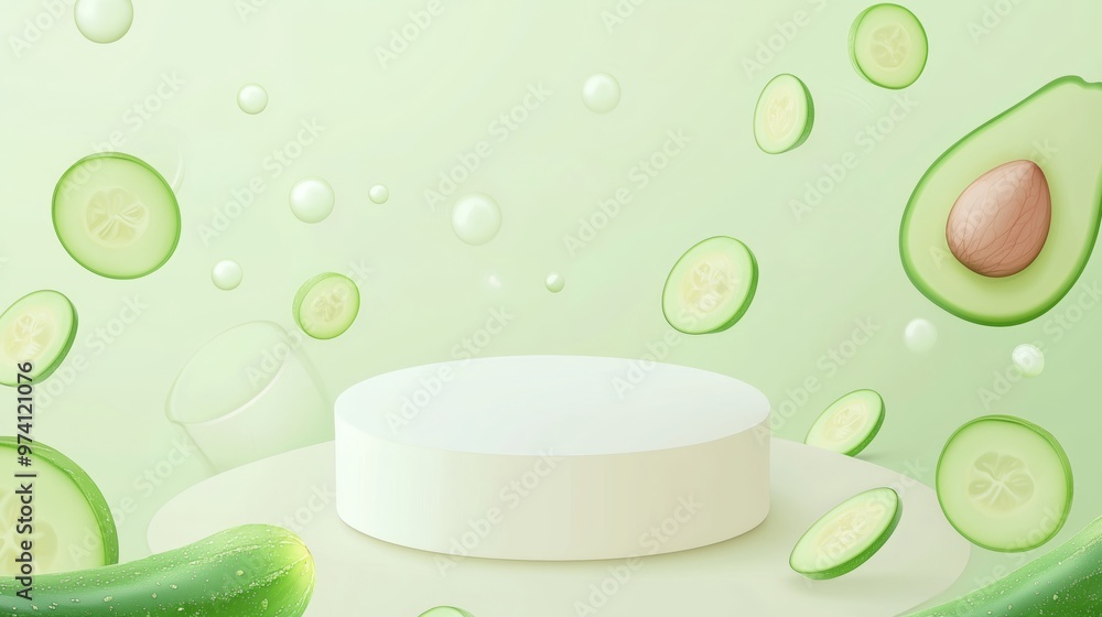 Poster a vector illustration of an empty podium 3d surrounded by fresh cucumber slices and avocado halves, 