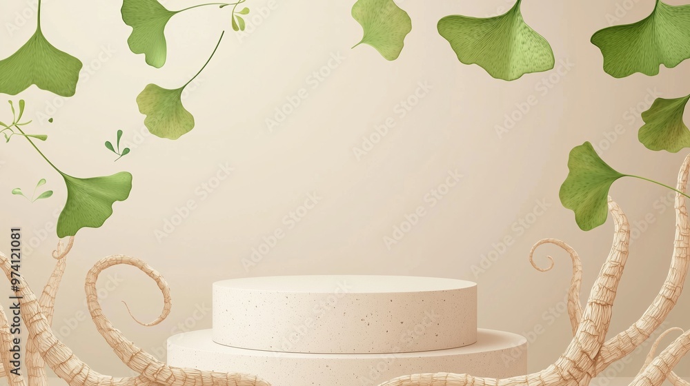 Poster a vector illustration of an empty podium 3d framed with spirals of ginseng roots and ginkgo leaves, 