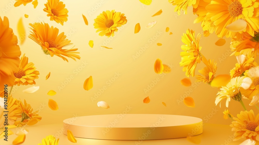 Poster a vector illustration of an empty podium 3d wrapped with floating marigold petals and calendula flow
