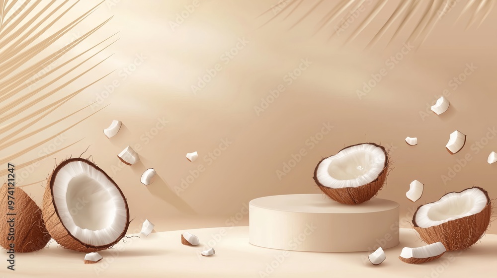 Poster a vector illustration of an empty podium 3d with coconut halves and shea butter surrounding it, isol