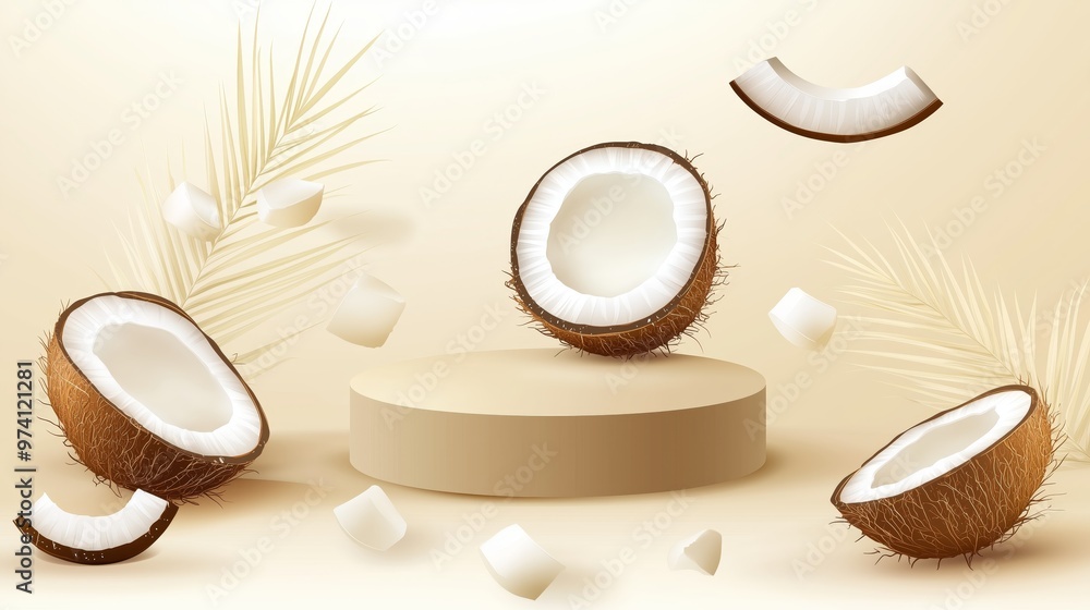 Poster a vector illustration of an empty podium 3d with coconut halves and shea butter surrounding it, isol