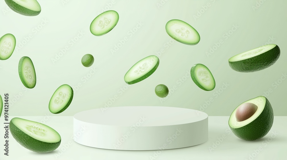 Poster a vector illustration of an empty podium 3d with cucumber slices and avocado halves scattered around