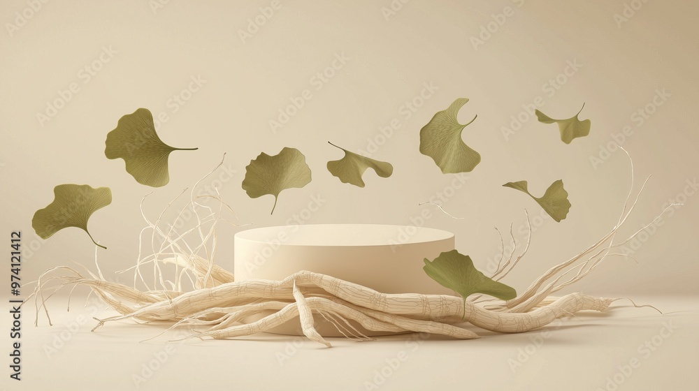 Poster a vector illustration of an empty podium 3d wrapped in floating ginseng roots and ginkgo leaves, iso