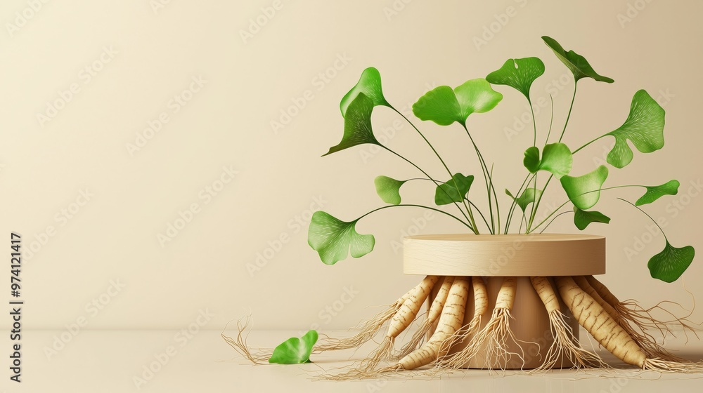 Poster a vector illustration of an empty podium 3d wrapped in floating ginseng roots and ginkgo leaves, iso