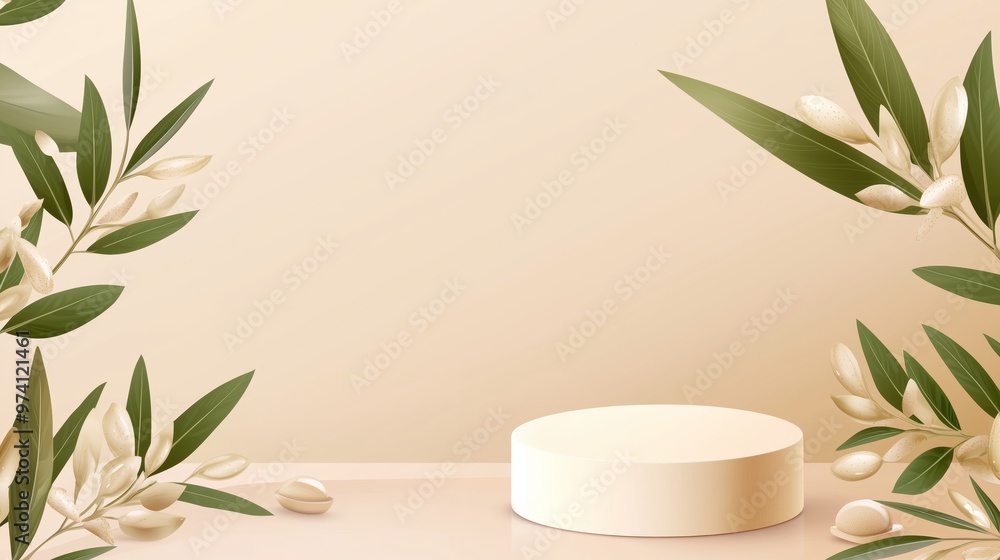 Poster a vector illustration of an empty podium 3d surrounded by olive branches and shea butter elements, i