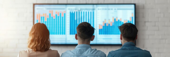Team analyzing financial data charts and graphs displayed on a large screen in a modern office environment.