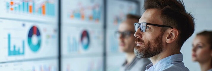 Business professionals focused on analyzing data charts and graphs displayed on multiple screens during a meeting in a modern office.