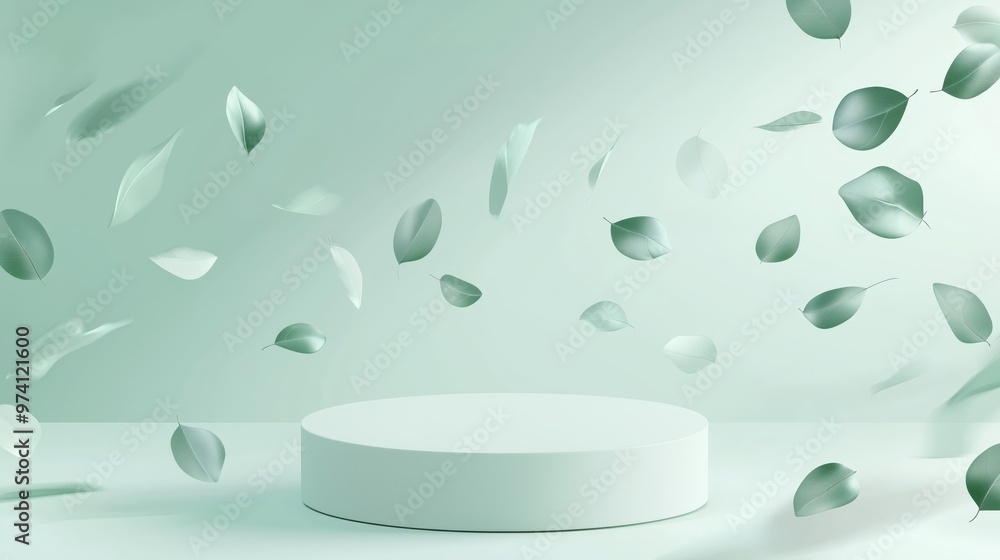 Poster a vector illustration of an empty podium 3d with eucalyptus leaves floating around it, isolated on a
