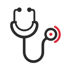 Stethoscope icon, medical equipment, red accents on a white background