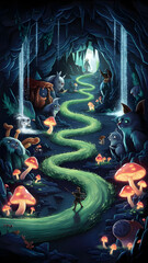 Naklejka premium Twisting path of a magical vine into a cave filled with mushrooms, and mysterious creatures.