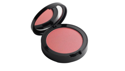 A close-up of a sleek blush compact, showcasing a soft pink blush in a stylish black casing, perfect for makeup enthusiasts.
