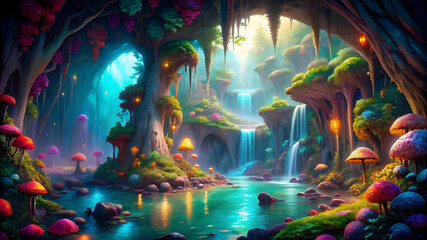 Twisting path of a magical vine into a cave filled with mushrooms, and mysterious creatures.
