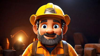 3D Cartoon-Style Gold Miner Character in a Vibrant Mine Setting