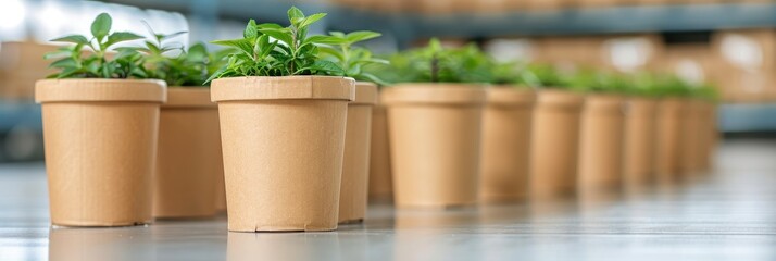 Young green plants growing in biodegradable pots arranged in a row on a table inside a greenhouse environment