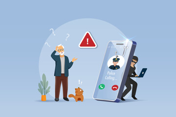 Cyber crime, phone crime calling. Fake police scammer calling senior man to lure and steal money from bank account. Cyber security awareness. Vector.
