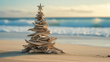 Christmas tree made out of driftwood stands on the sandy shores of an Australian beach during the day with soft lighting 