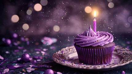 Charming cupcake with a single glowing birthday candle, perched elegantly on a decorative plate with a sprinkle of confetti and a backdrop of softly blurred party lights.