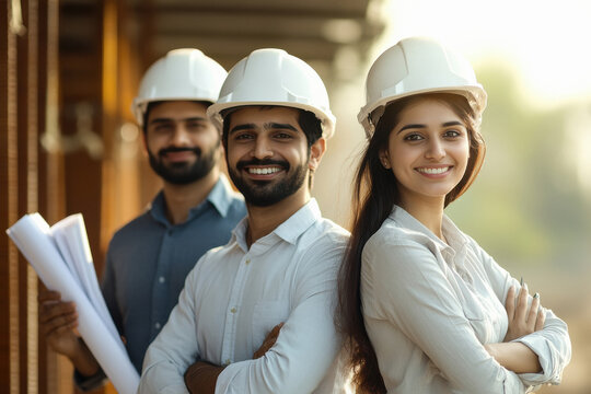 Indian male architects and one female architect, all wearing white safety helmets on their heads with blueprints in hand - Powered by Adobe