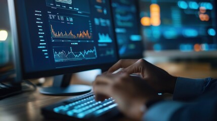 Close-up of hands typing on a laptop, the screen showing a successful affiliate marketing dashboard with rising graphs
