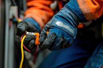 Fototapeta premium A skilled worker in gloves connects electrical wires with precision in a maintenance environment, showcasing craftsmanship and safety.