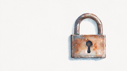 Generate an overhead perspective of a vintage, rusted padlock on textured paper, capturing a nostalgic essence with oil painting techniques