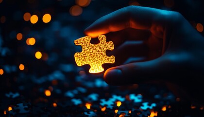 Hands holding a glowing 3D puzzle piece, fitting it into a larger creative business puzzle, solution finding, creative problem-solving in business