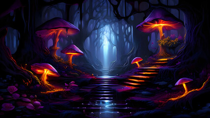 Twisting path of a magical vine into a cave filled with mushrooms, and mysterious creatures.