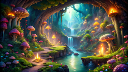 Twisting path of a magical vine into a cave filled with mushrooms, and mysterious creatures.