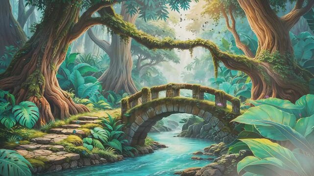 View of river bridges in the interior of tropical rainforests and flying butterflies. Anime cartoon watercolor painting style illustration. Infinitely looping virtual video animation background