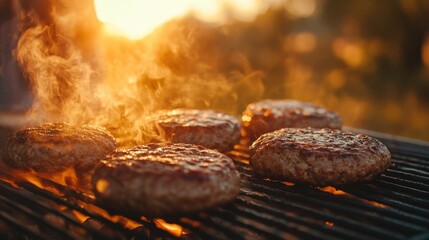 sizzling steak being grilled over an open flame at a backyard barbecue party during sunset
