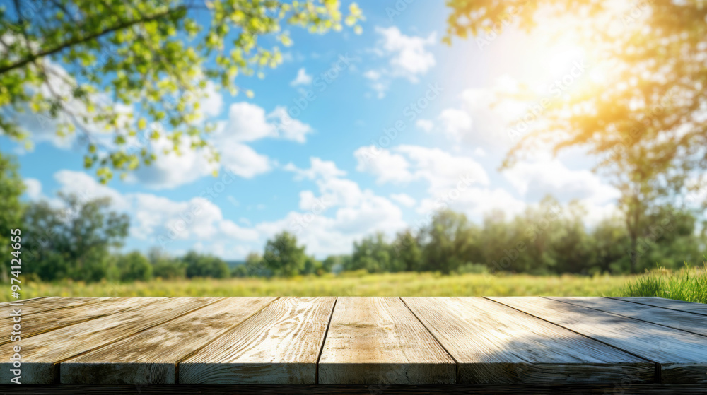 Poster empty wooden table top with blurred park background on sunny summer day