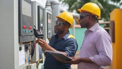 Two engineers in safety helmets examining electrical panels outdoors, ensuring proper operation and safety compliance on a project.