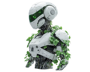 Naklejka premium A futuristic robot adorned with vibrant green plants, blending technology and nature in an innovative and eco-friendly design.
