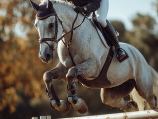 Horse rider clearing hurdle