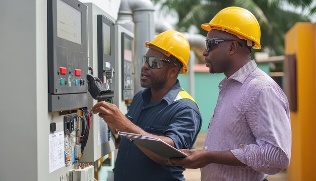 Two engineers in safety helmets examining electrical panels outdoors, ensuring proper operation and safety compliance on a project.