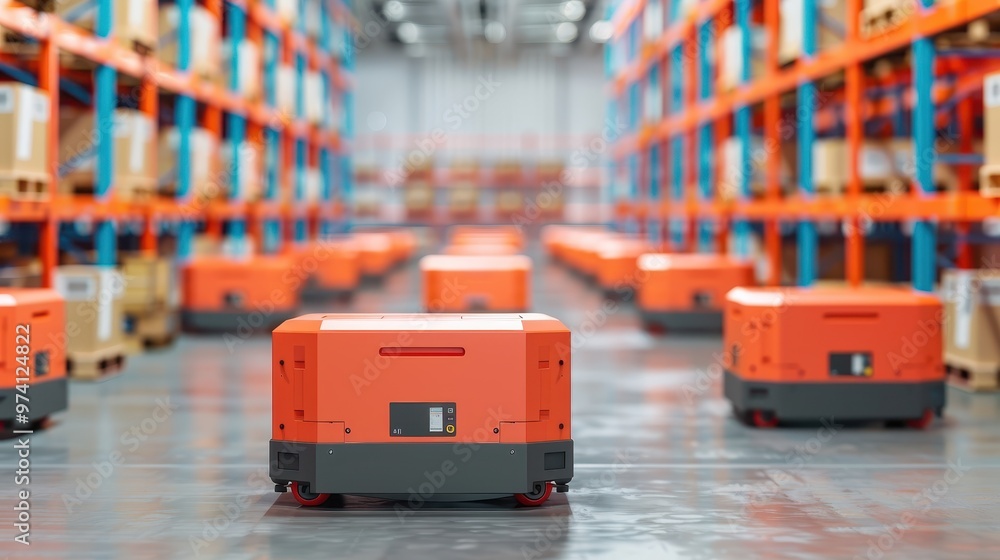 Aufkleber autonomous robots navigating through a modern warehouse, organizing inventory and managing logistics