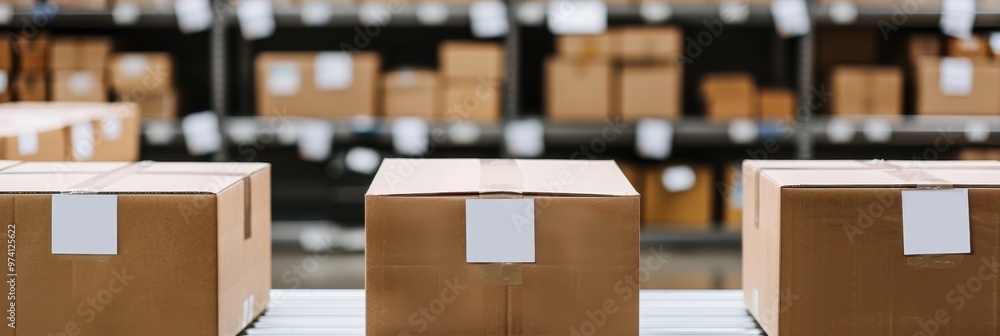 Poster a cardboard box in the foreground with multiple boxes stacked on pallets in the background, showcasi