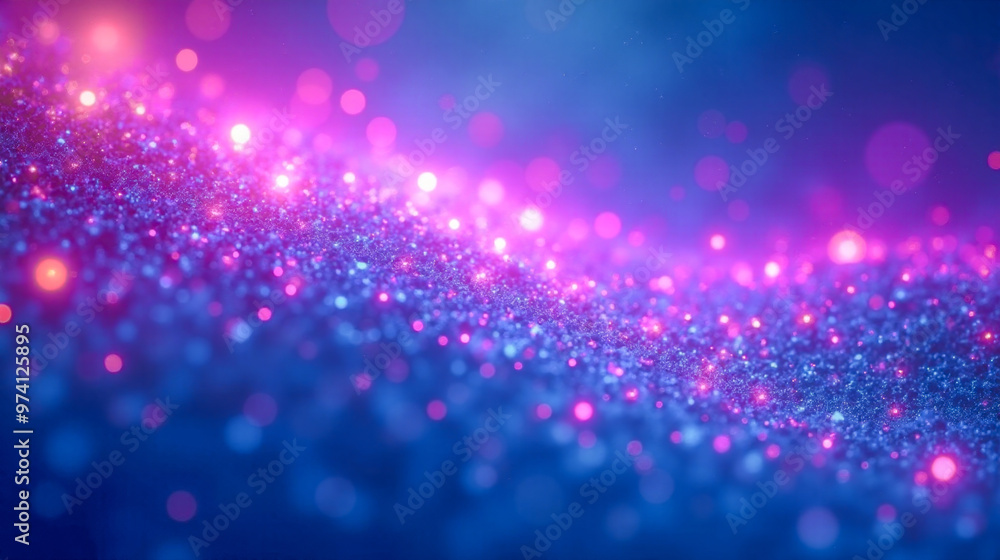 Poster close-up view of shimmering glitter particles with blurred pink and blue bokeh lights creating magic