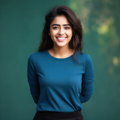 Fototapeta premium pretty modern young indian girl wearing blue top smiling, confident and smart, on solid color background