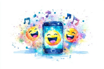 Vibrant Musical Emojis and Smartphone Artwork
