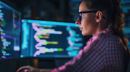 A female programmer intensely focuses on her work, surrounded by multiple screens displaying lines of code, working late at night in a tech environment.