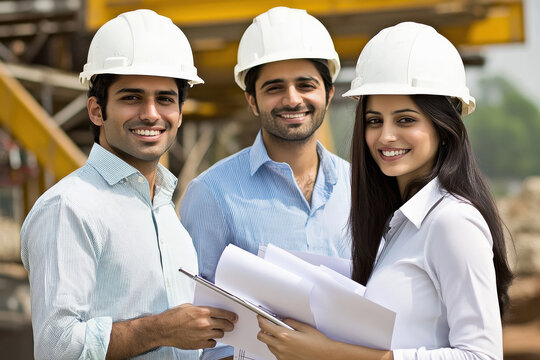 Indian male architects and one female architect, all wearing white safety helmets on their heads with blueprints in hand