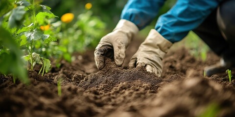 A close-up view of hands planting seeds in fertile soil, showcasing the beauty of gardening and nature.