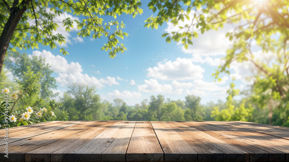 Poster empty wooden table top with blurred green trees and blue sky background